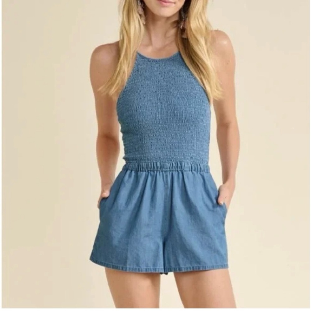 VENUS Blue Smocked Romper